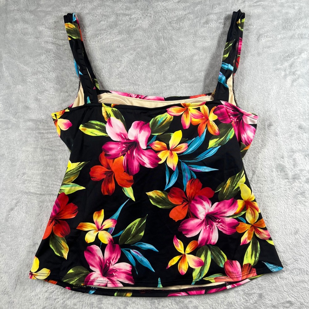 Caribbean Joe Womens Floral Tankini Swim Top Black Multi Tropical 24192T Size 14 - Picture 2 of 8